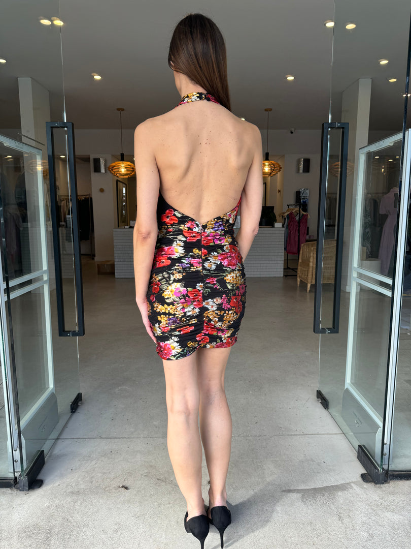 ELECTRIC FLORAL HALTER MINI DRESS