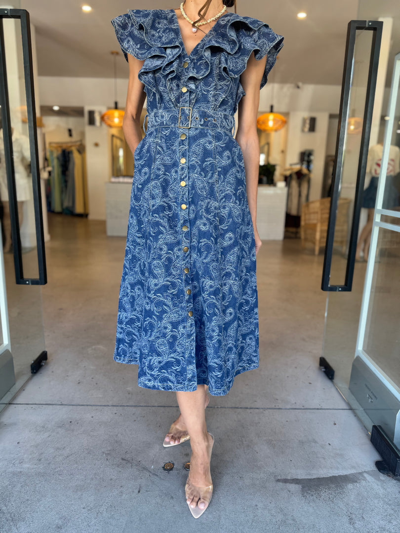 DENVER FRILL MIDI DRESS BLUE