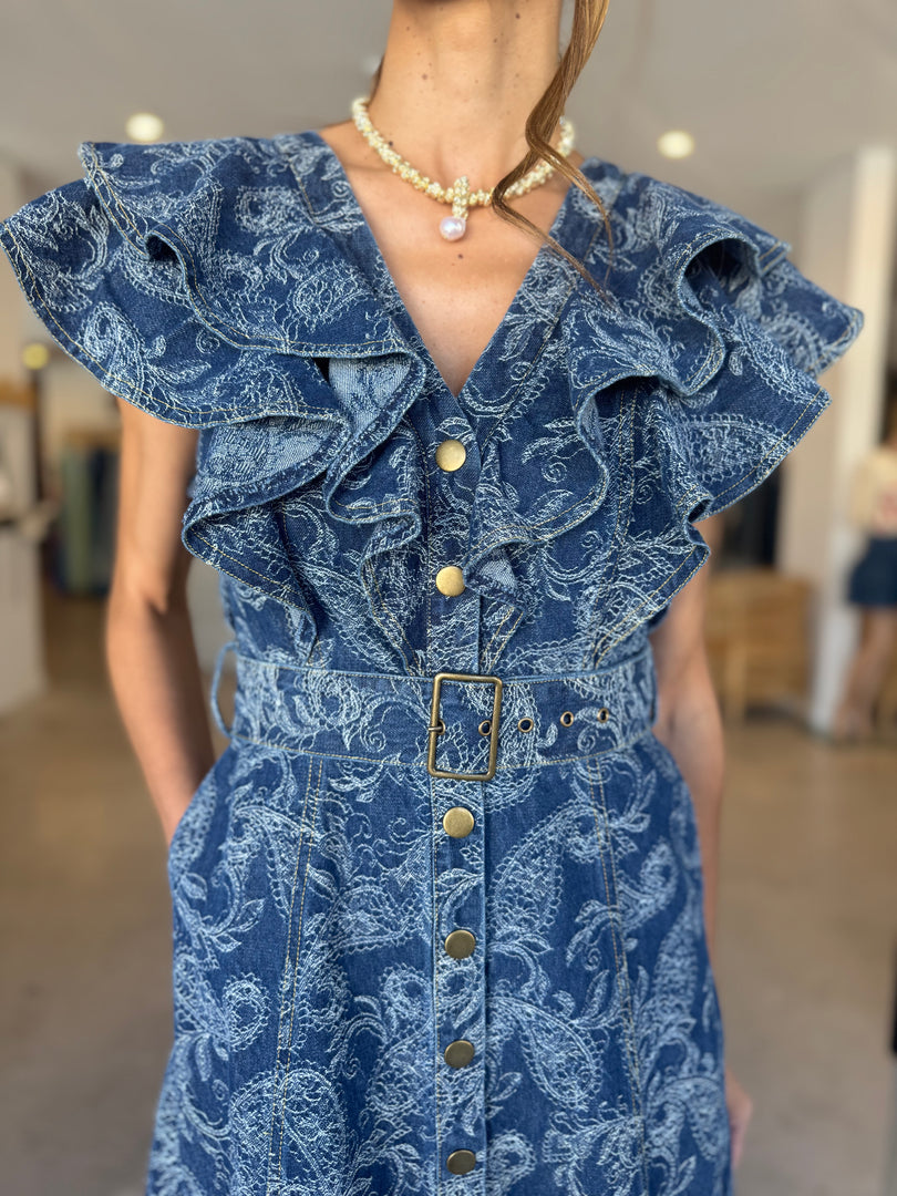 DENVER FRILL MIDI DRESS BLUE