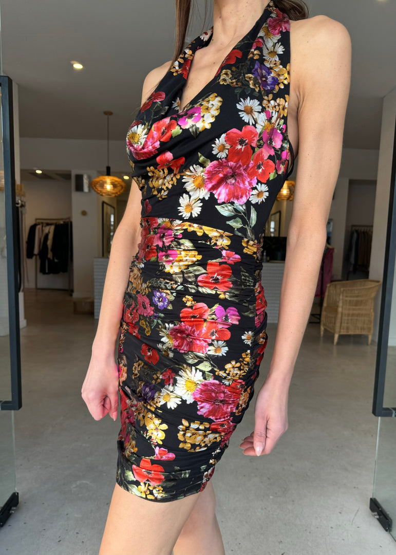 ELECTRIC FLORAL HALTER MINI DRESS