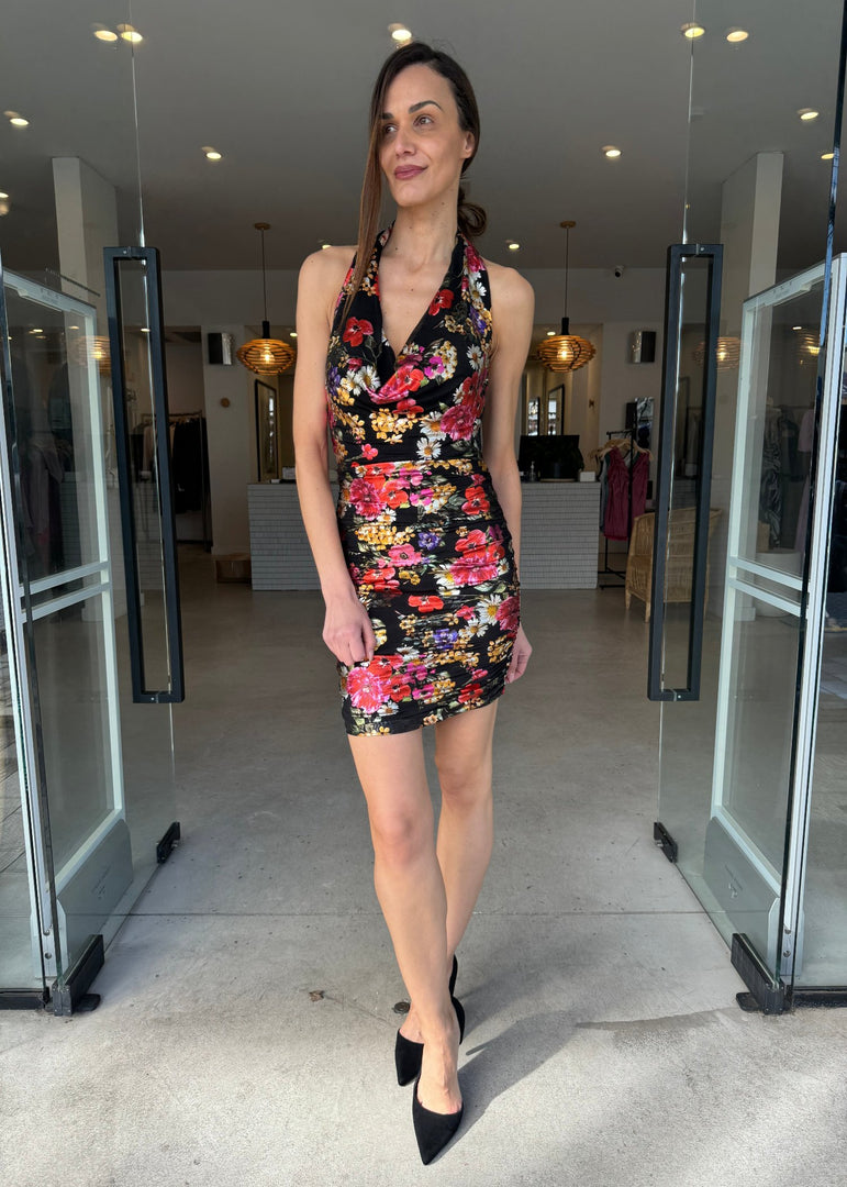 ELECTRIC FLORAL HALTER MINI DRESS