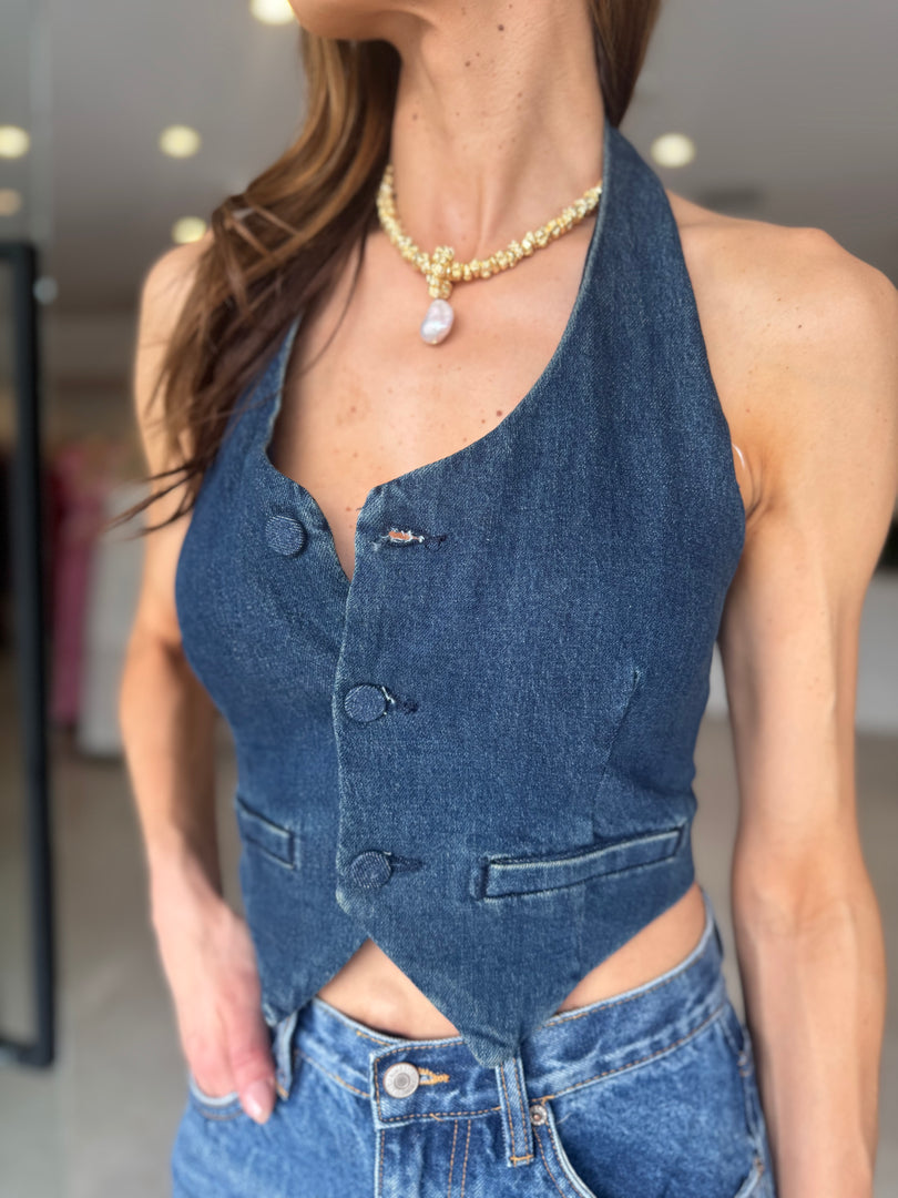 DENIM HALTER VEST