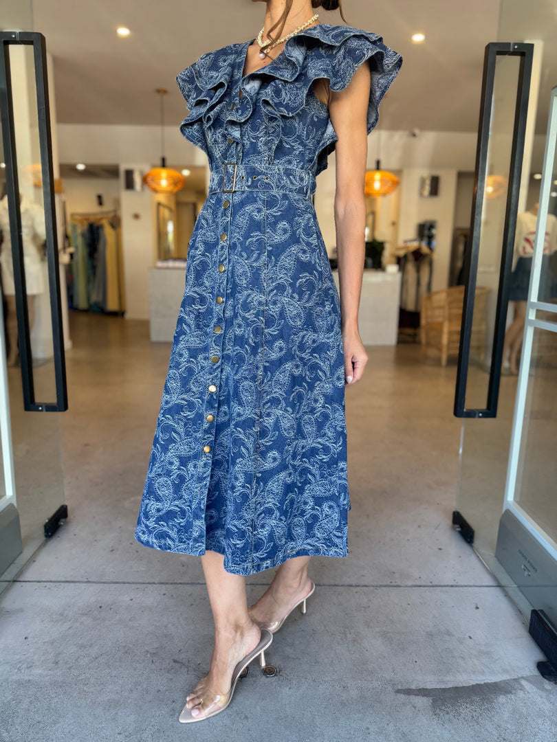 DENVER FRILL MIDI DRESS BLUE